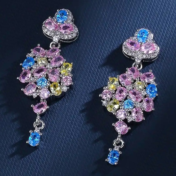 Blue Pink Topaz Citrine Zircon Dangle Earrings Wedding Bridal Anniversary - Picture 1 of 5